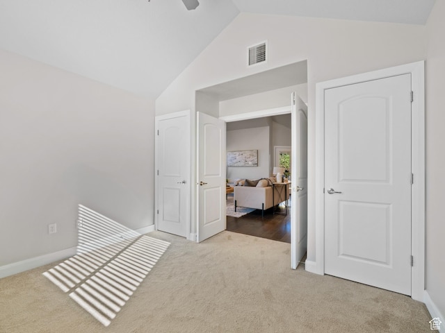 1262 S 50 E Unit 3, Lehi, UT 84043 - carpeted bedroom featuring ceiling fan, high vaulted ceiling, baseboards, and visible vents