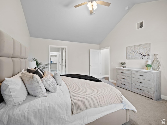 1262 S 50 E Unit 3, Lehi, UT 84043 - bedroom featuring baseboards, visible vents, ceiling fan, high vaulted ceiling, and light colored carpet