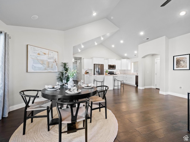 1262 S 50 E Unit 3, Lehi, UT 84043 - dining room featuring visible vents, baseboards, arched walkways, dark wood finished floors, and high vaulted ceiling