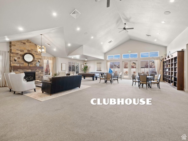1262 S 50 E Unit 3, Lehi, UT 84043 - carpeted living room featuring high vaulted ceiling, a fireplace, a ceiling fan, and visible vents