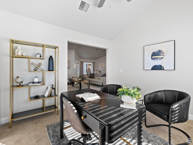 1262 S 50 E Unit 3, Lehi, UT 84043 - dining room with visible vents, baseboards, ceiling fan, carpet floors, and vaulted ceiling