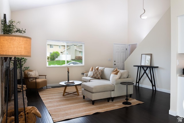 sitting room featuring wood finished floors, baseboards, and a towering ceiling