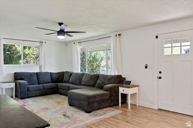 living room with a textured ceiling, ceiling fan, and light wood-style floors