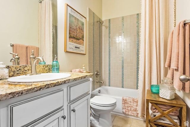 bathroom with shower / bath combo, tile patterned flooring, vanity, and toilet