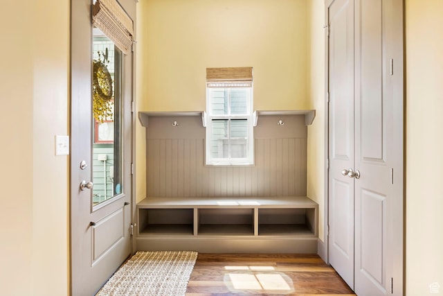mudroom with wooden walls, a wainscoted wall, and wood finished floors