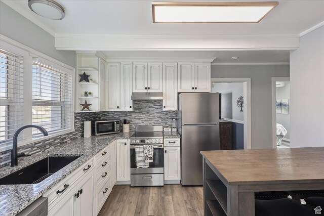 44 E 400 N, Manti, UT 84642 - kitchen with crown molding, open shelves, under cabinet range hood, a sink, and stainless steel appliances