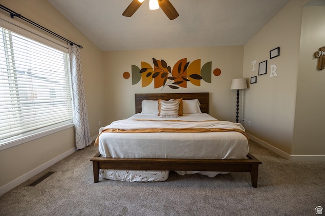 1221 W 2415 S, Nibley, UT 84321 - bedroom with baseboards, carpet flooring, a ceiling fan, visible vents, and lofted ceiling