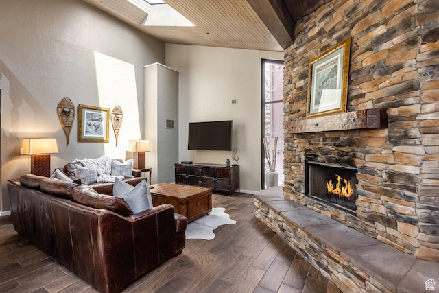 1485 Empire Ave Unit 506, Park City, UT 84060 - living area featuring baseboards, dark wood-style floors, wooden ceiling, and a fireplace