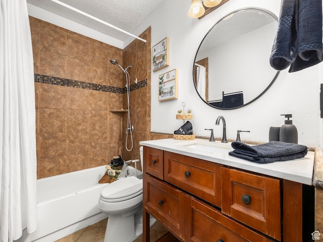 4866 W Diamondleaf Way S, West Jordan, UT 84081 - full bathroom featuring vanity, shower / bath combo, tile patterned floors, a textured ceiling, and toilet