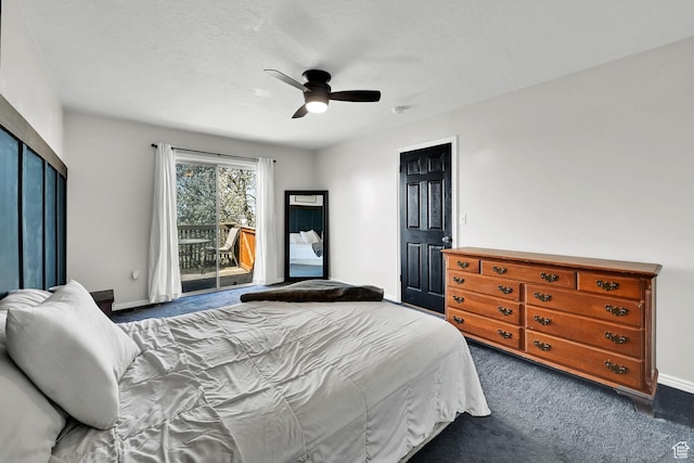 carpeted bedroom featuring access to outside, baseboards, and ceiling fan