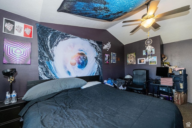 carpeted bedroom featuring lofted ceiling and ceiling fan