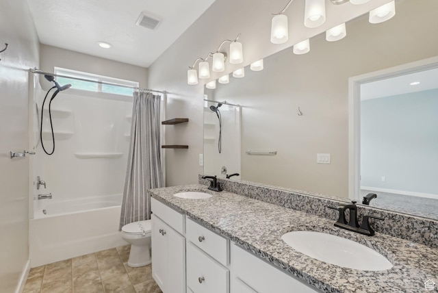 full bathroom with toilet, shower / tub combo, a sink, and visible vents