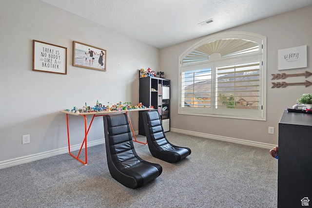 carpeted office space featuring visible vents, baseboards, and a textured ceiling