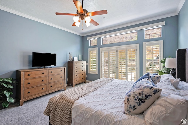 bedroom with light carpet, ornamental molding, ceiling fan, and multiple windows