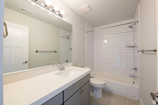 bathroom featuring shower / bathtub combination, vanity, visible vents, toilet, and tile patterned floors