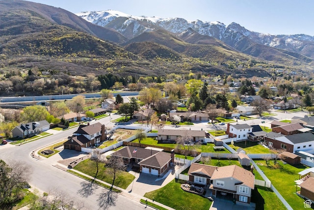 aerial view featuring a residential view and a mountain view