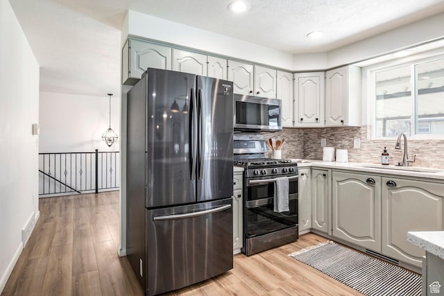kitchen featuring baseboards, backsplash, appliances with stainless steel finishes, light wood finished floors, and a sink