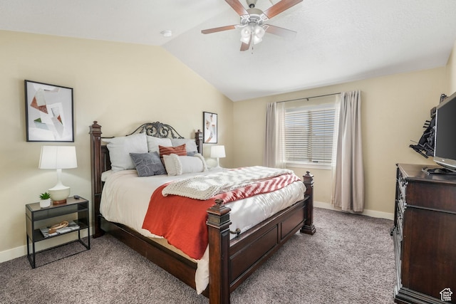carpeted bedroom featuring ceiling fan, baseboards, and lofted ceiling