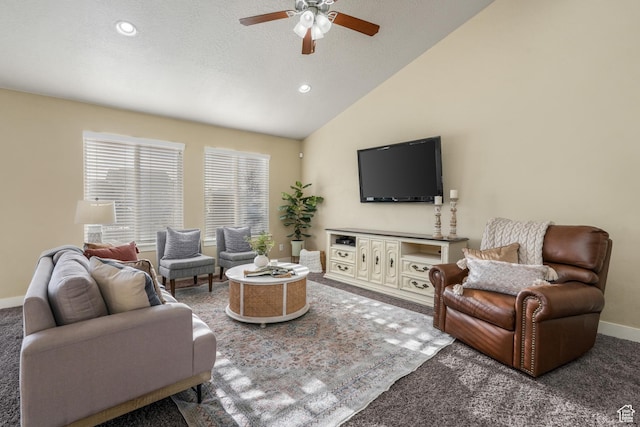 carpeted living room with baseboards, a ceiling fan, vaulted ceiling, and recessed lighting