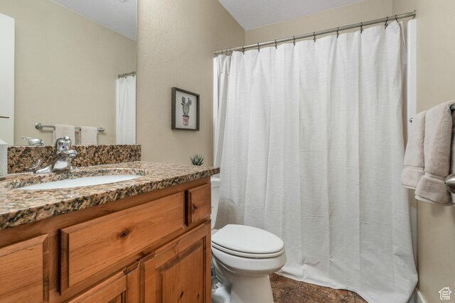 bathroom featuring toilet, vanity, and a shower with curtain