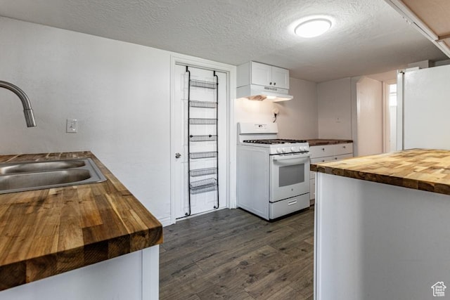 4455 S Aspen Hollow Ln, Holladay, UT 84117 - kitchen featuring white appliances, dark wood-style floors, wooden counters, under cabinet range hood, and a sink