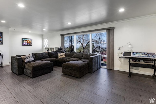 4455 S Aspen Hollow Ln, Holladay, UT 84117 - living room with crown molding, baseboards, recessed lighting, and wood finish floors