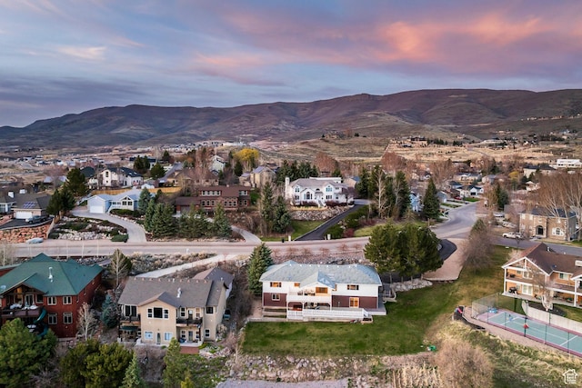 aerial view with a mountain view and a residential view