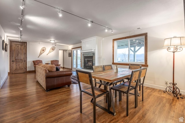 dining space with a tile fireplace, wood finished floors, and track lighting