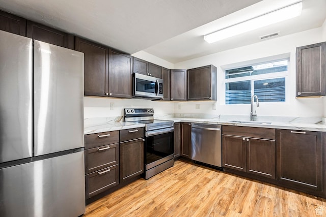 kitchen with dark brown cabinets, light wood-style floors, visible vents, appliances with stainless steel finishes, and a sink