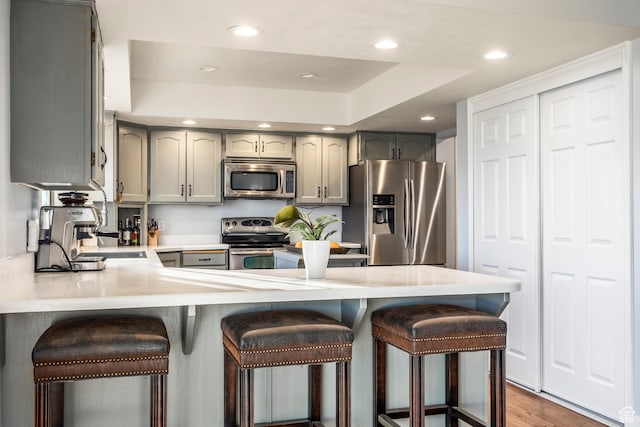 kitchen with recessed lighting, appliances with stainless steel finishes, gray cabinetry, and a peninsula