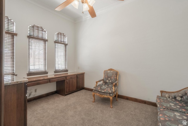 1844 N Wellington St, Washington, UT 84780 - office area with baseboards, ornamental molding, ceiling fan, and light colored carpet