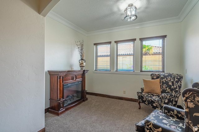 1844 N Wellington St, Washington, UT 84780 - sitting room featuring ornamental molding, plenty of natural light, a glass covered fireplace, and carpet floors