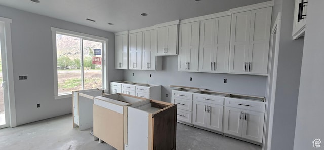 kitchen featuring white cabinetry, a kitchen island, and finished concrete flooring
