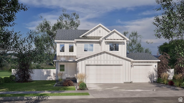 modern farmhouse with board and batten siding, roof with shingles, fence, a front lawn, and driveway