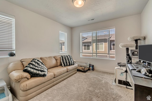 office space with visible vents, baseboards, carpet floors, and a textured ceiling