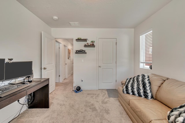 home office with light carpet, visible vents, and baseboards