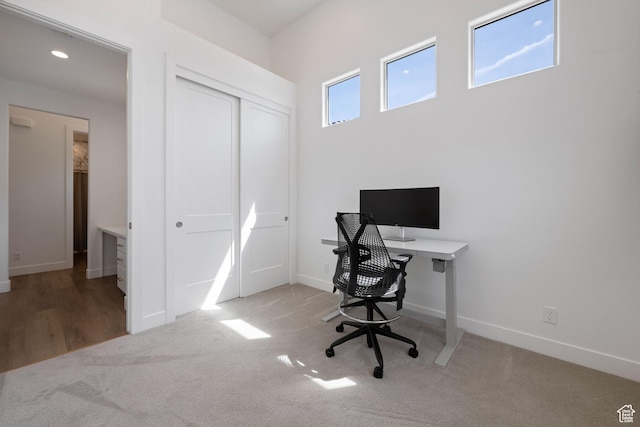 home office with recessed lighting, carpet flooring, and baseboards