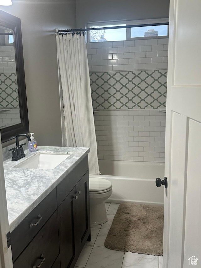 210 S 350 W, Bountiful, UT 84010 - full bath featuring shower / bath combo with shower curtain, marble finish floor, vanity, and toilet