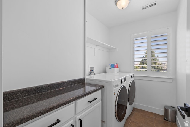 4634 W Baldy Dr, West Jordan, UT 84088 - laundry room featuring visible vents, baseboards, dark tile patterned flooring, separate washer and dryer, and cabinet space