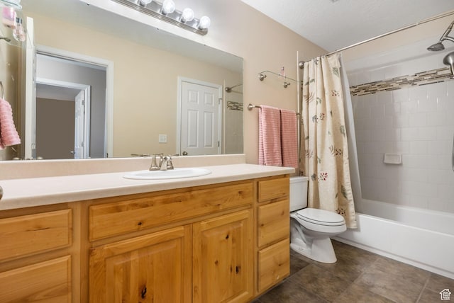 bathroom with toilet, tile patterned floors, shower / bathtub combination with curtain, and vanity