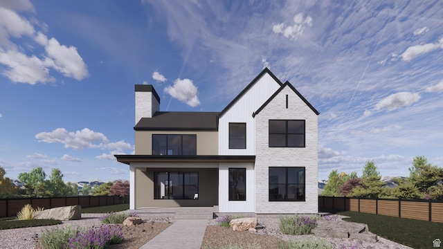 exterior space featuring a porch, a chimney, and fence