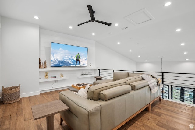 cinema featuring visible vents, a ceiling fan, wood finished floors, and recessed lighting