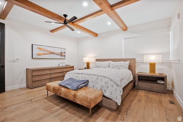 bedroom featuring light wood-type flooring, baseboards, recessed lighting, visible vents, and beam ceiling