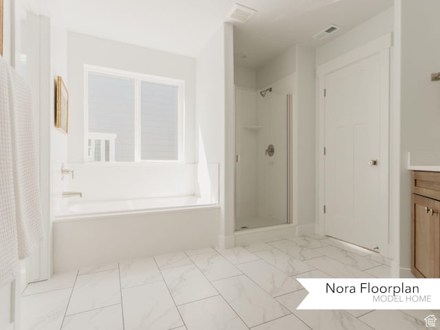 full bath with a garden tub, vanity, visible vents, marble finish floor, and a stall shower