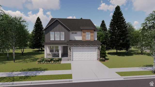 view of front of house featuring concrete driveway, board and batten siding, stone siding, an attached garage, and a front lawn