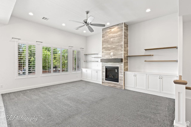 unfurnished living room featuring recessed lighting, carpet, visible vents, and a ceiling fan