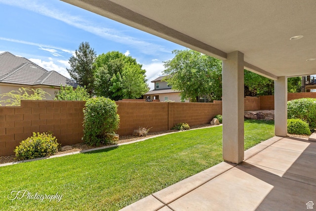 view of yard featuring a patio area and a fenced backyard