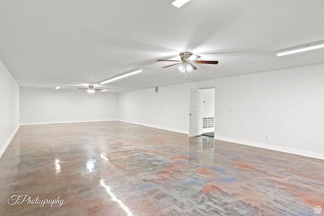 unfurnished room with finished concrete floors, visible vents, and a ceiling fan