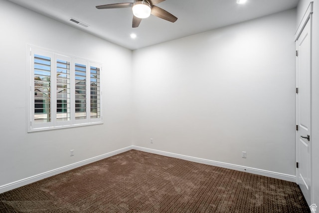 2889 E 1400 S, St George, UT 84790 - spare room featuring dark colored carpet, baseboards, recessed lighting, a ceiling fan, and visible vents