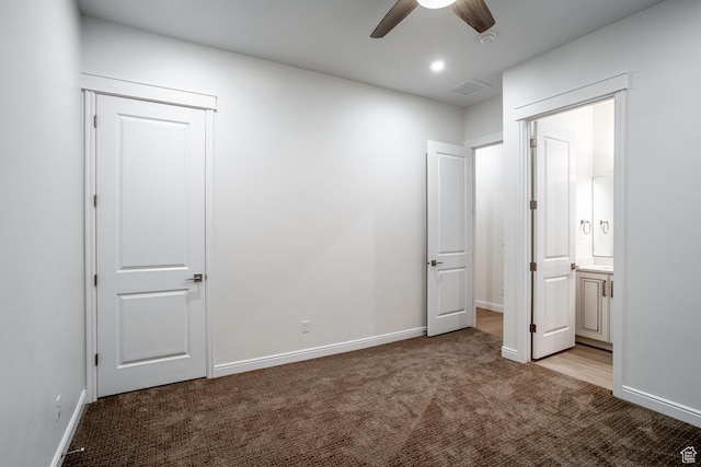 2889 E 1400 S, St George, UT 84790 - unfurnished bedroom with visible vents, baseboards, recessed lighting, connected bathroom, and light colored carpet